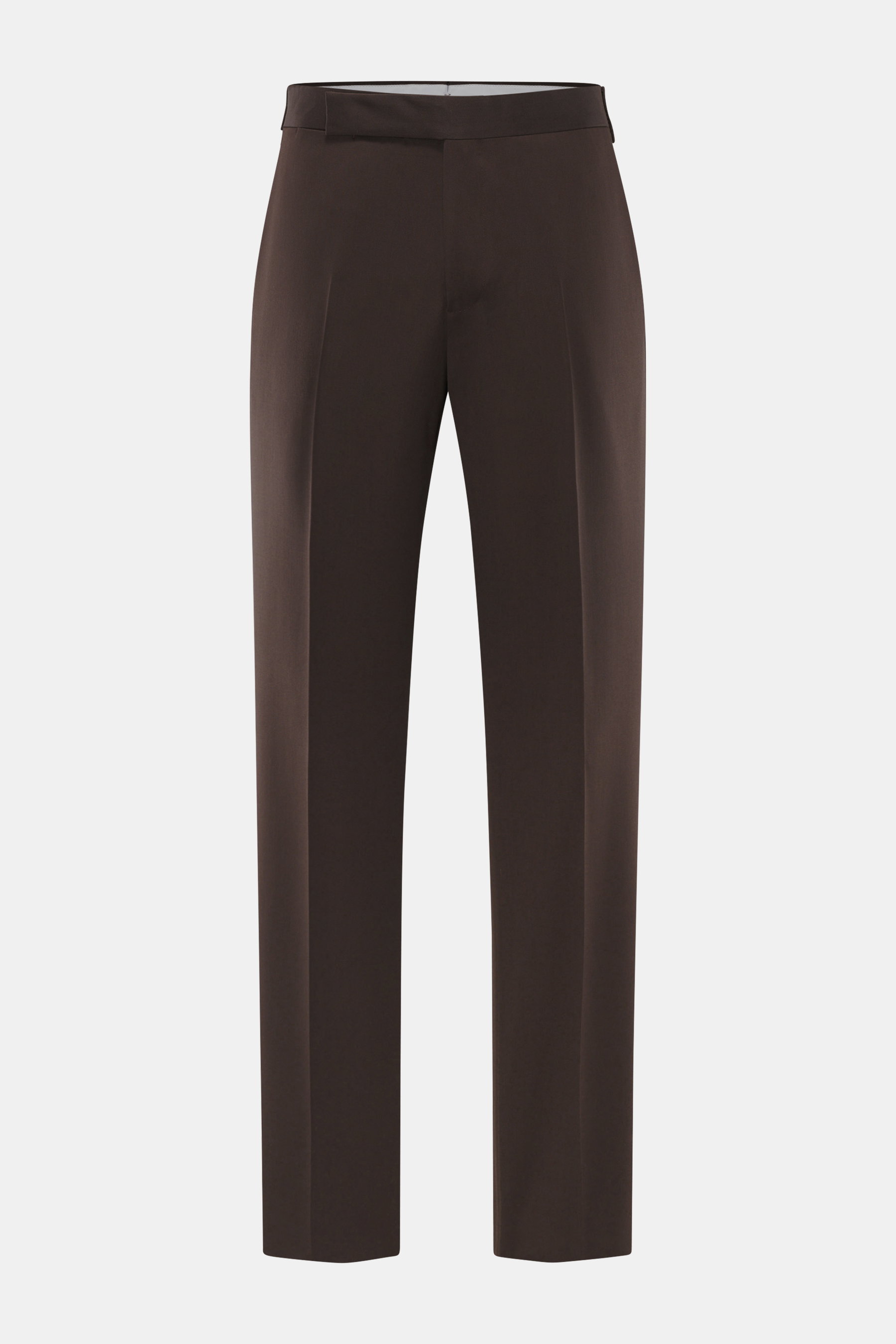 Lardini Hose dunkelbraun, reine Viskose, Regular Fit, gerader Schnitt, Reißverschluss mit Bundhaken, französische Taschen, Uhrentasche, paspelierte Gesäßtaschen mit Knopf, offene Länge, Frontansicht.