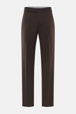 Front view of Lardini Trousers dark brown made of pure viscose, featuring regular fit, straight cut, zipper and waistband hook, French pockets, small watch pocket, piped back pockets with button, and open length.