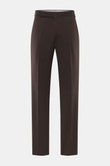 Front view of Lardini Trousers dark brown made of pure viscose, featuring regular fit, straight cut, zipper and waistband hook, French pockets, small watch pocket, piped back pockets with button, and open length.