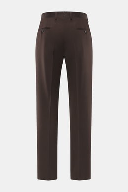 Lardini Trousers dark brown shown from the back, made of pure viscose, regular fit, straight cut, zipper and waistband hook, French pockets, small watch pocket, piped back pockets with button, open length.