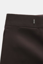 Close-up front view of Lardini Trousers dark brown made of pure viscose, featuring regular fit, straight cut, zipper and waistband hook, French pockets, small watch pocket, piped back pockets with button, and open length.