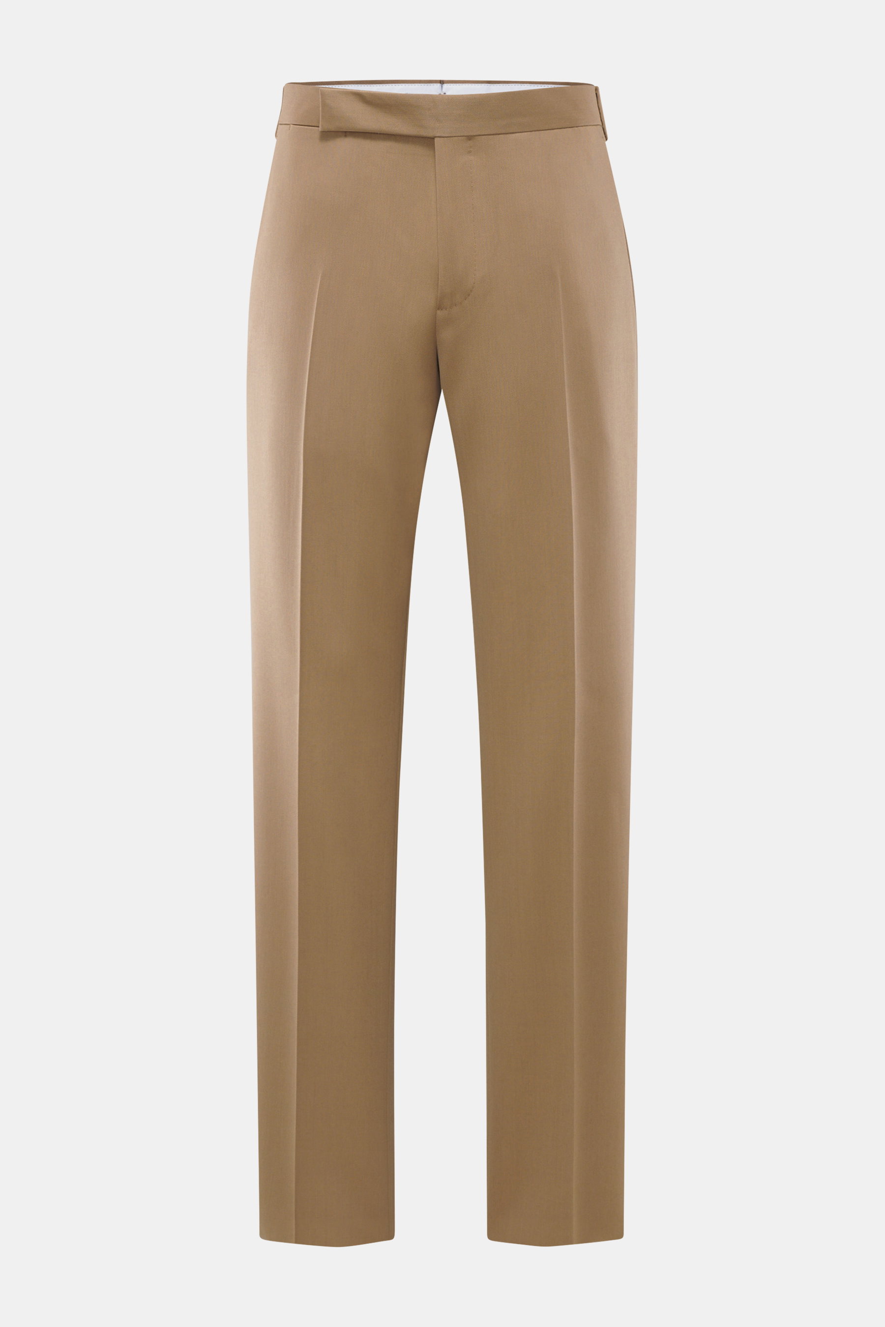 Vorderansicht der Lardini Hose braun aus reiner Viskose, Regular Fit, gerader Schnitt, mit Reißverschluss, Bundhaken, französischen Taschen, Uhrentasche, paspelierten Gesäßtaschen und offener Länge.