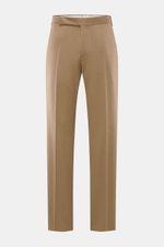 Front view of Lardini Trousers brown made of pure viscose, regular fit with straight cut, zipper and waistband hook, French pockets, small watch pocket, piped back pockets with button, and open length.