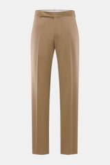 Front view of Lardini Trousers brown made of pure viscose, regular fit with straight cut, zipper and waistband hook, French pockets, small watch pocket, piped back pockets with button, and open length.