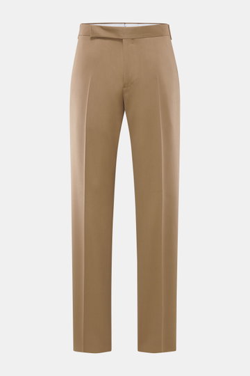 Vorderansicht der Lardini Hose braun aus reiner Viskose, Regular Fit, gerader Schnitt, mit Reißverschluss, Bundhaken, französischen Taschen, Uhrentasche, paspelierten Gesäßtaschen und offener Länge.