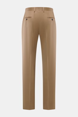 Lardini Trousers brown shown from the back, pure viscose, regular fit, straight cut, zipper and waistband hook, French pockets, small watch pocket, piped back pockets with button, open length.