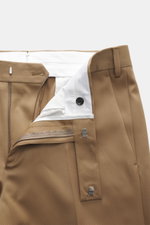 Close-up front view of Lardini Trousers brown in pure viscose, regular fit, straight cut, zipper and waistband hook, French pockets, small watch pocket, piped back pockets with button, open length.