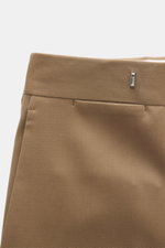 Close-up front view of Lardini Trousers brown waist area, pure viscose, regular fit, straight cut, zipper and waistband hook, French pockets, small watch pocket, piped back pockets with button, open length.