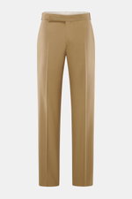 Lardini Wollhose hellbraun, frontale Perspektive, Regular Fit, elastische Schurwolle, gerader Schnitt, Reißverschluss, Bundhaken, französische Taschen, Uhrentasche, paspelierte Gesäßtaschen mit Knopf, offene Länge.