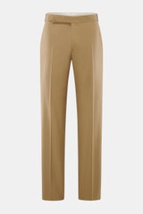 Lardini Wollhose hellbraun, frontale Perspektive, Regular Fit, elastische Schurwolle, gerader Schnitt, Reißverschluss, Bundhaken, französische Taschen, Uhrentasche, paspelierte Gesäßtaschen mit Knopf, offene Länge.