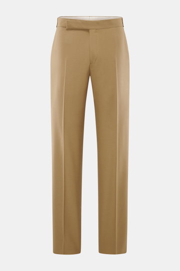 Lardini Wollhose hellbraun, frontale Perspektive, Regular Fit, elastische Schurwolle, gerader Schnitt, Reißverschluss, Bundhaken, französische Taschen, Uhrentasche, paspelierte Gesäßtaschen mit Knopf, offene Länge.