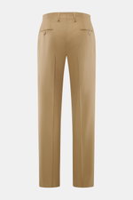 Lardini Wollhose hellbraun von hinten fotografiert, Regular Fit, elastische Schurwolle, gerader Schnitt, Reißverschluss, Bundhaken, französische Taschen, kleine Uhrentasche, paspelierte Gesäßtaschen mit Knopf, offene Länge.