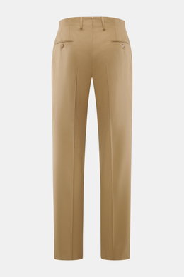 Lardini Wollhose hellbraun von hinten fotografiert, Regular Fit, elastische Schurwolle, gerader Schnitt, Reißverschluss, Bundhaken, französische Taschen, kleine Uhrentasche, paspelierte Gesäßtaschen mit Knopf, offene Länge.