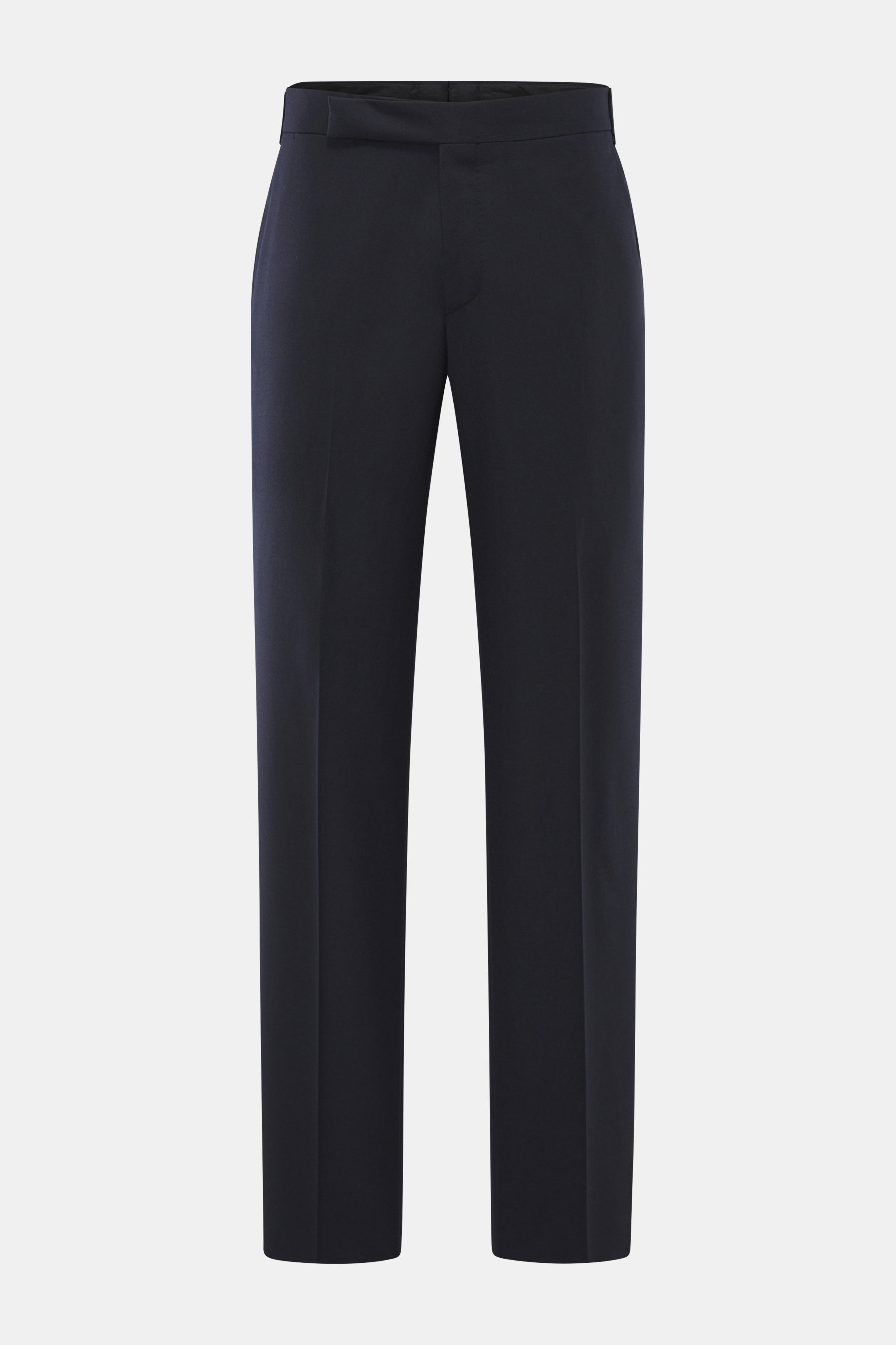 Vorderansicht der Lardini Wollhose navy aus elastischer Schurwolle, Regular Fit, gerader Schnitt, mit Reißverschluss, Bundhaken, französischen Taschen, kleiner Uhrentasche, paspelierten Gesäßtaschen mit Knopf und offener Länge.