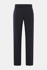 Vorderansicht der Lardini Wollhose navy aus elastischer Schurwolle, Regular Fit, gerader Schnitt, mit Reißverschluss, Bundhaken, französischen Taschen, kleiner Uhrentasche, paspelierten Gesäßtaschen mit Knopf und offener Länge.