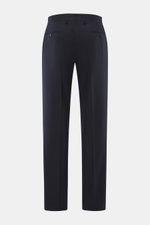 Lardini Wollhose navy, Rückansicht, elastische Schurwolle, Regular Fit, gerader Schnitt, Reißverschluss, Bundhaken, französische Taschen, Uhrentasche, paspelierte Gesäßtaschen mit Knopf, offene Länge.