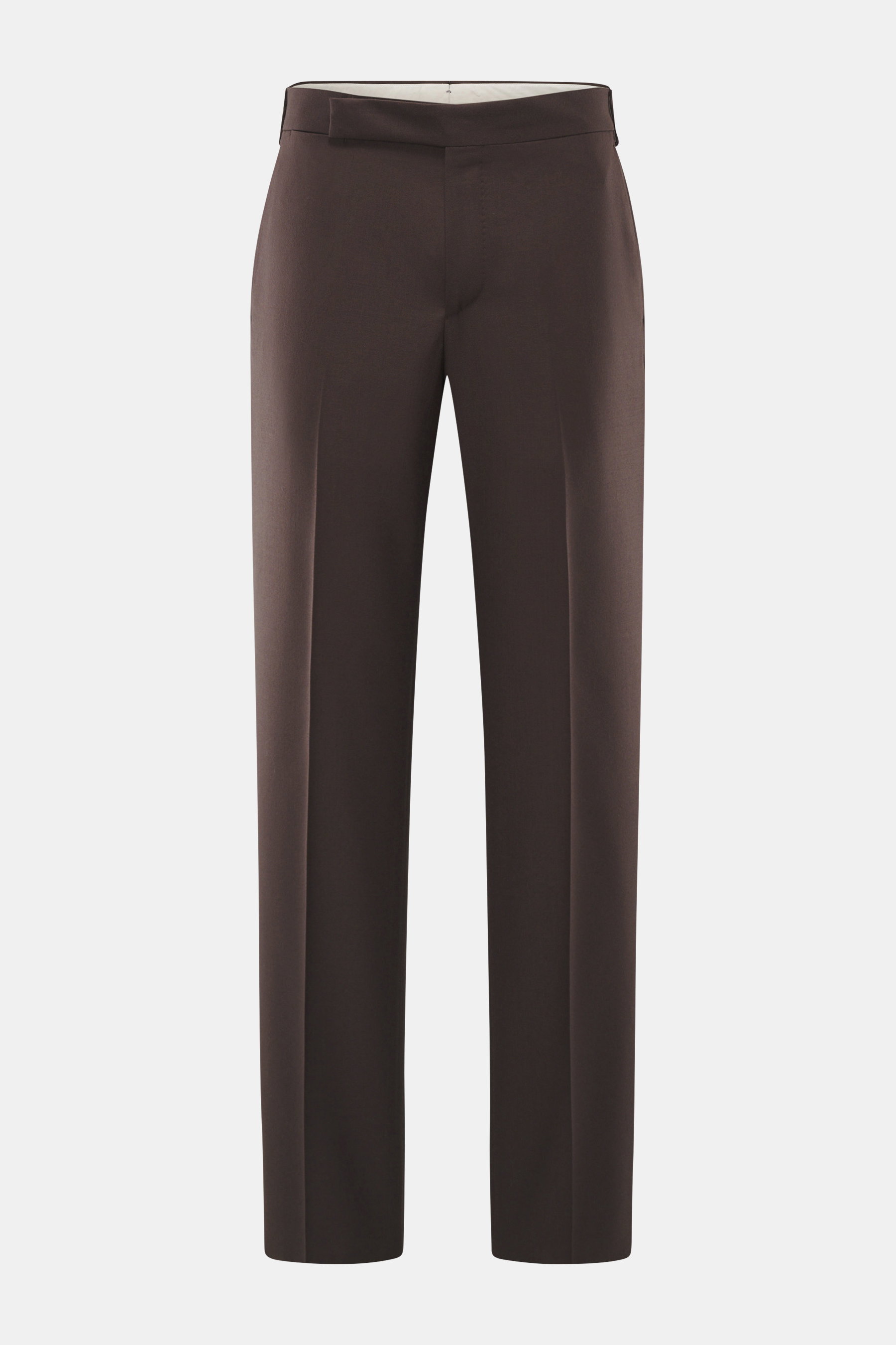 Lardini Wollhose dunkelbraun, frontale Nahaufnahme, Regular Fit, gerader Schnitt, elastische Schurwolle, Reißverschluss, Bundhaken, französische Taschen, kleine Uhrentasche, paspelierte Gesäßtaschen mit Knopf, offene Länge.