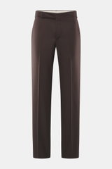 Lardini Wollhose dunkelbraun, frontale Nahaufnahme, Regular Fit, gerader Schnitt, elastische Schurwolle, Reißverschluss, Bundhaken, französische Taschen, kleine Uhrentasche, paspelierte Gesäßtaschen mit Knopf, offene Länge.