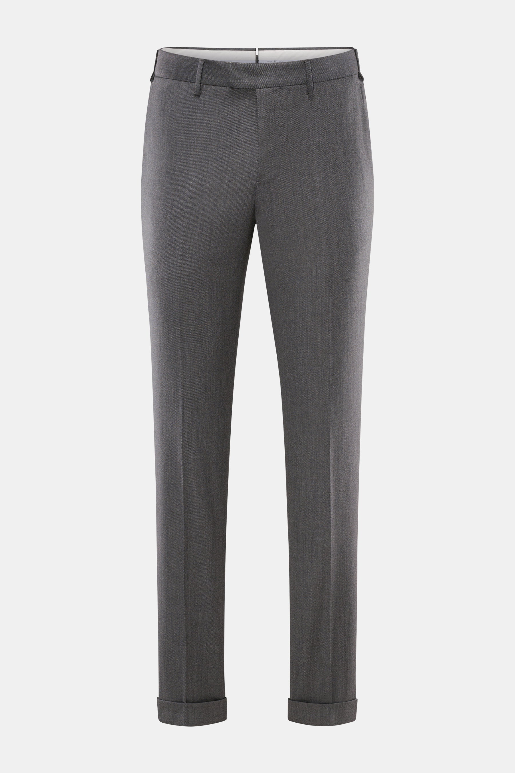 Frontale Nahaufnahme der PT Torino Wollhose 'Master Fit' dunkelgrau, Slim Fit mit fixiertem Saumaufschlag aus feiner Schurwolle mit Stretchkomfort.