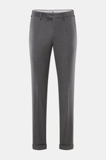 Front view of PT Torino Wool trousers 'Master Fit' dark grey, slim fit with fixed turn-up cuff, made of soft, slightly elastic virgin wool, featuring French pockets and concealed back flap buttons. Confident style for the office.