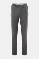 Front view of PT Torino Wool trousers 'Master Fit' dark grey, slim fit with fixed turn-up cuff, made of soft, slightly elastic virgin wool, featuring French pockets and concealed back flap buttons. Confident style for the office.