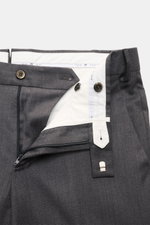 PT Torino Wool trousers 'Master Fit' dark grey shown from above with open zipper, waistband hook, slim fit, pure virgin wool, fixed turn-up cuff.