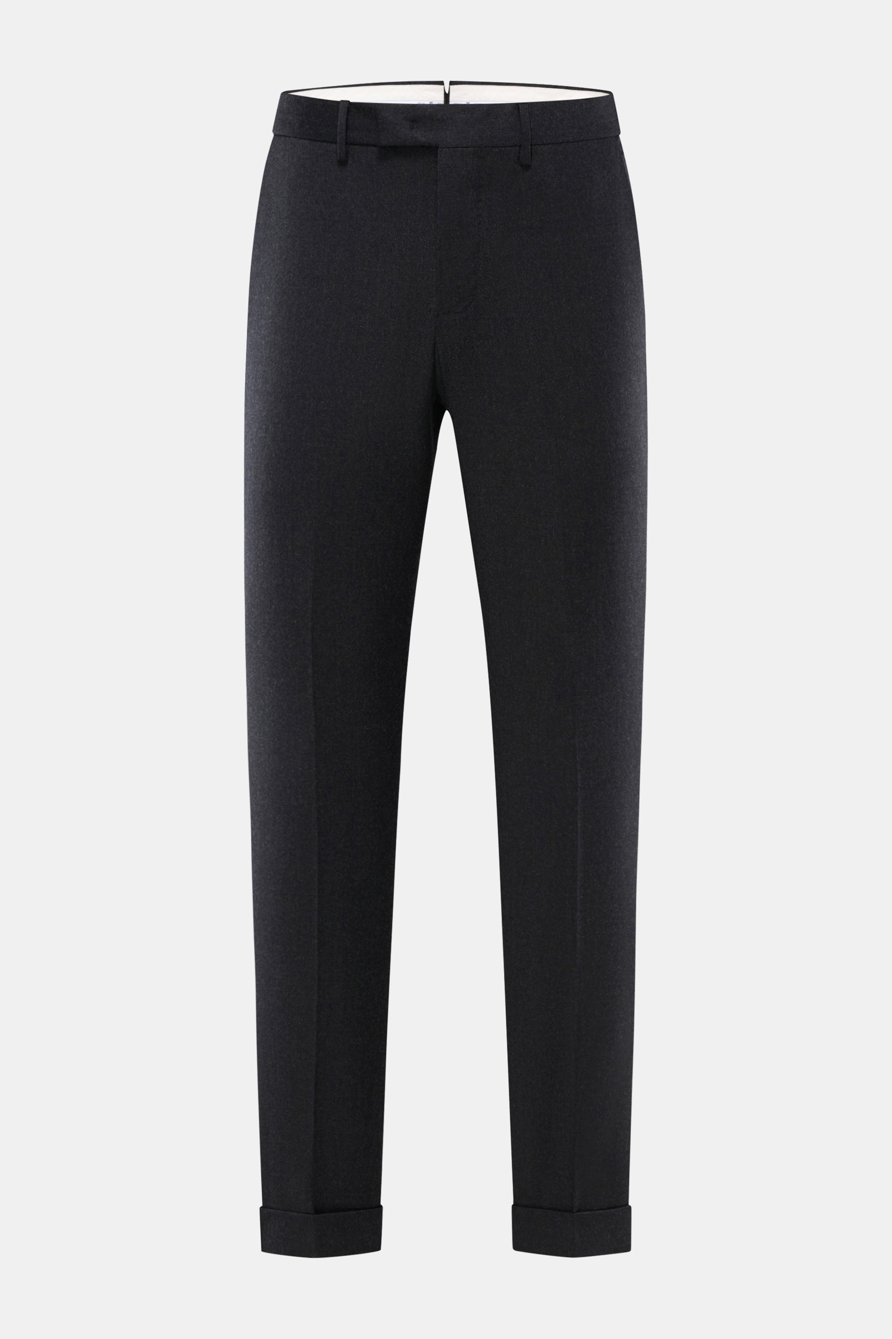 PT Torino Wollhose 'Master Fit' anthrazit meliert, frontale Nahaufnahme, Slim Fit Schurwollhose mit fixiertem Saumaufschlag, Reißverschluss, Bundhaken, französischen Taschen und verdeckt geknöpfter Gesäßtasche.