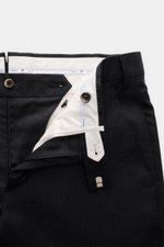 PT Torino Wool trousers 'Master Fit' anthracite melange shown from above, highlighting zipper, waistband hook, and interior lining. Confident style for the office: The 'Master Fit' trousers by PT TORINO combine fine virgin wool with a touch of stretch. Th
