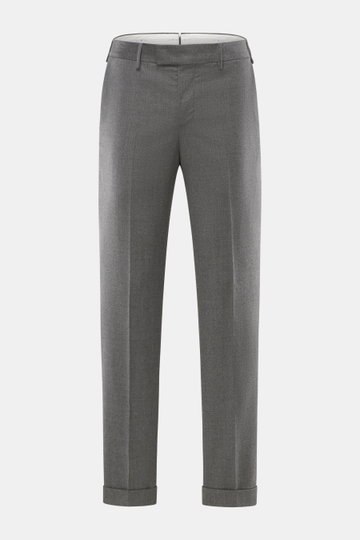 PT Torino Wollhose 'Master Fit' grau meliert, frontale Nahaufnahme, Slim Fit mit Twill aus reiner Schurwolle, fixierter Saumaufschlag, Reißverschluss, Bundhaken, französische Taschen, weicher Griff, sehr schmal zulaufend.