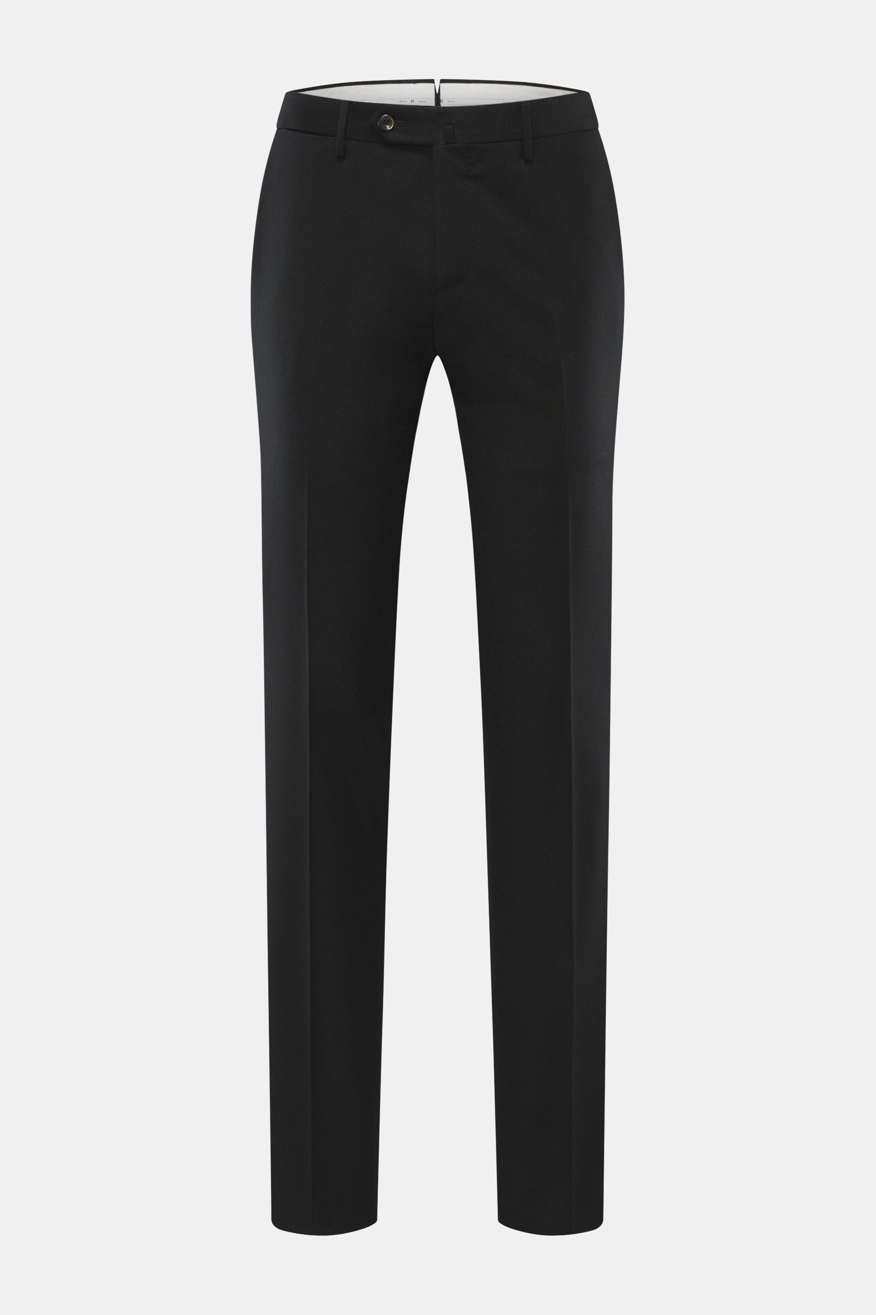 PT Torino Wool Pants 'Slim Fit' black shown from the front, classic virgin wool twill, soft touch, slim tapered fit, zipper, waistband buttons, French pockets, small watch pocket, piped back pockets with button, perfect for elegant office looks.