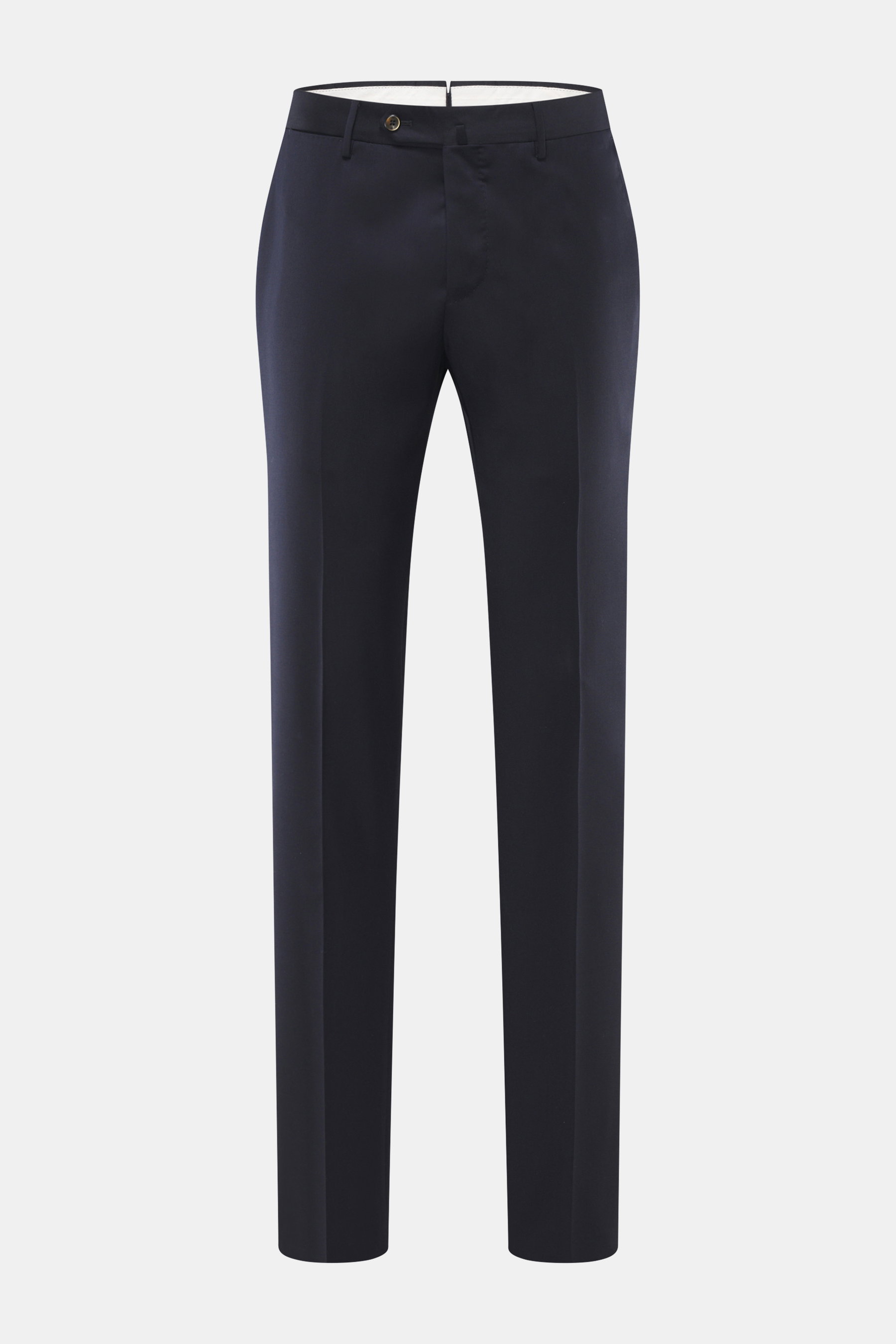 PT Torino Wollhose 'Slim Fit' navy, frontale Nahaufnahme, schmal zulaufend, aus weichem Schurwoll-Twill mit Bundknopf, Reißverschluss und französischen Taschen.