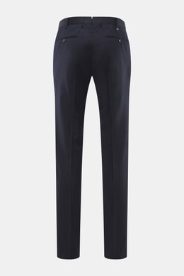 PT Torino Wollhose 'Slim Fit' navy, Rückansicht, schmal zulaufend, aus weichem Schurwoll-Twill, mit Reißverschluss, Bundknöpfen, französischen Taschen, Uhrentasche und paspelierten Gesäßtaschen mit Knopf, edler Office-Look.