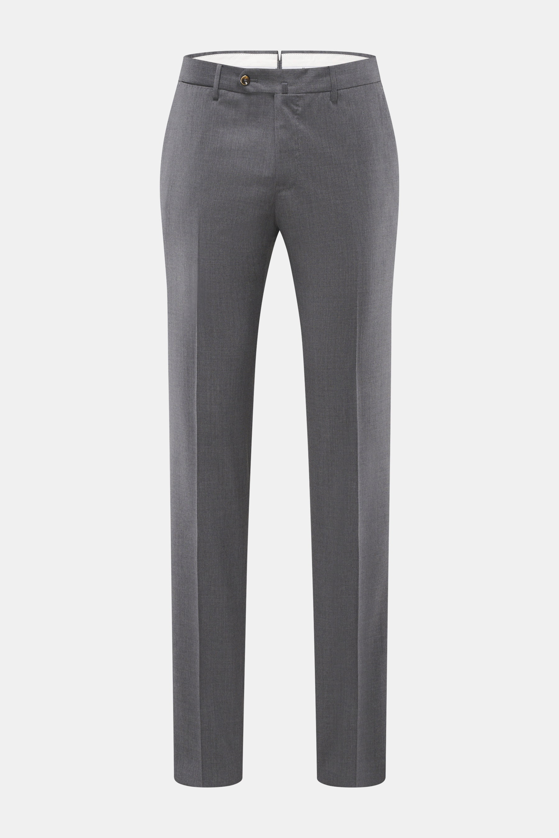 PT Torino Wollhose 'Slim Fit' grau meliert, Frontansicht, schmal zulaufend, Twill aus Schurwolle, weicher Griff, Bundknöpfe, Reißverschluss, französische Taschen, Uhrentasche, paspelierte Gesäßtaschen mit Knopf.