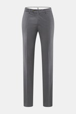 PT Torino Wollhose 'Slim Fit' grau meliert, Frontansicht, schmal zulaufend, Twill aus Schurwolle, weicher Griff, Bundknöpfe, Reißverschluss, französische Taschen, Uhrentasche, paspelierte Gesäßtaschen mit Knopf.