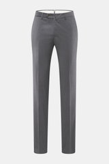 PT Torino Wollhose 'Slim Fit' grau meliert, Frontansicht, schmal zulaufend, Twill aus Schurwolle, weicher Griff, Bundknöpfe, Reißverschluss, französische Taschen, Uhrentasche, paspelierte Gesäßtaschen mit Knopf.