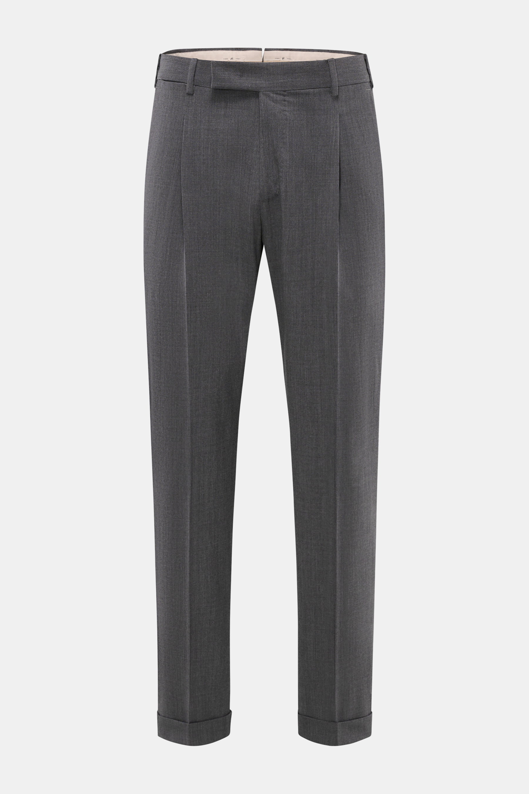 Front view of PT Torino Wool Pants 'Rebel Fit' dark grey, elastic virgin wool tapered fit pants with regular thigh width, ankle-length, zipper and waistband hook, French pockets, single waistband pleat, back pockets with flap and button, small metal initi
