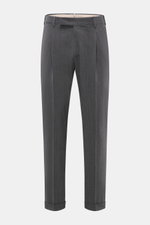 Front view of PT Torino Wool Pants 'Rebel Fit' dark grey, elastic virgin wool tapered fit pants with regular thigh width, ankle-length, zipper and waistband hook, French pockets, single waistband pleat, back pockets with flap and button, small metal initi