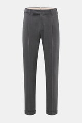 Front view of PT Torino Wool Pants 'Rebel Fit' dark grey, elastic virgin wool tapered fit pants with regular thigh width, ankle-length, zipper and waistband hook, French pockets, single waistband pleat, back pockets with flap and button, small metal initi