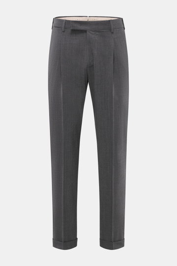 PT Torino Wollhose 'Rebel Fit' dunkelgrau meliert, frontal fotografiert, Tapered Fit, elastische Schurwolle, knöchellang mit Saumaufschlag, Bundhaken, französische Taschen.