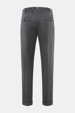Rear view of PT Torino Wool Pants 'Rebel Fit' dark grey in tapered fit, elastic virgin wool with textured quality, featuring back flap pockets, waistband hook, and fixed hem cuff.