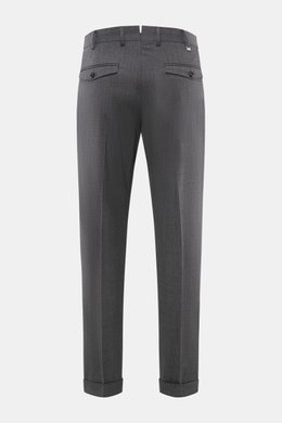 Rear view of PT Torino Wool Pants 'Rebel Fit' dark grey in tapered fit, elastic virgin wool with textured quality, featuring back flap pockets, waistband hook, and fixed hem cuff.