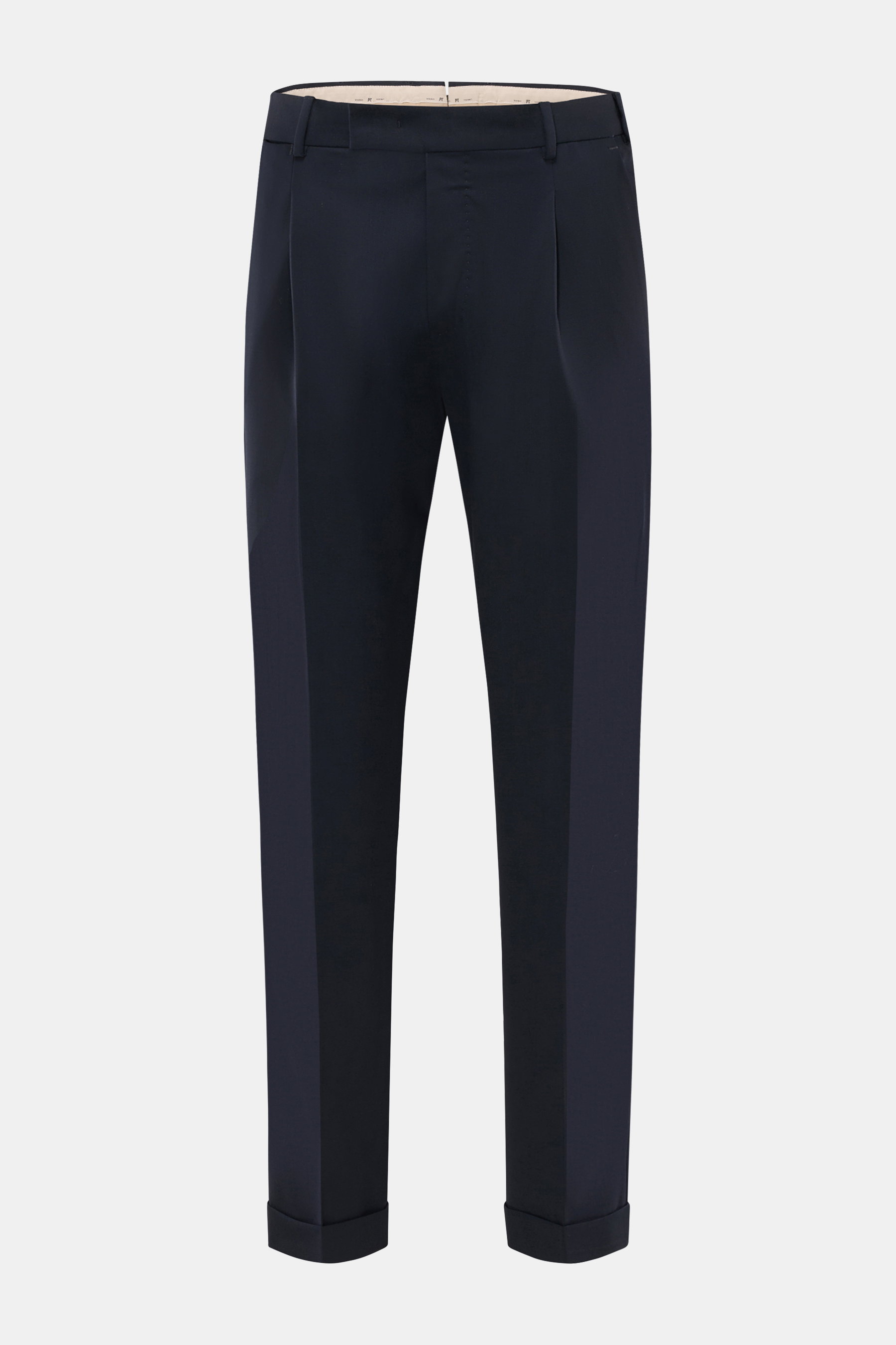Front view of PT Torino Wool trousers 'Rebel Fit' navy, tapered fit, elastic virgin wool, ankle length, French pockets, zipper, waistband hook, back flap pockets, single pleat, fixed hem cuff, small metal initial.