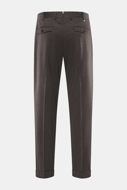 PT Torino Wollhose 'Rebel Fit' dunkelbraun meliert, Rückansicht, knöchellang, schmal zulaufend, aus elastischer Schurwolle mit Bundfalte und geknöpften Gesäßtaschen.