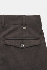 PT Torino Wollhose 'Rebel Fit' dunkelbraun meliert, Rückansicht mit Bund, Gürtelschlaufen, geknöpfter Gesäßtasche, hochwertige Schurwolle.