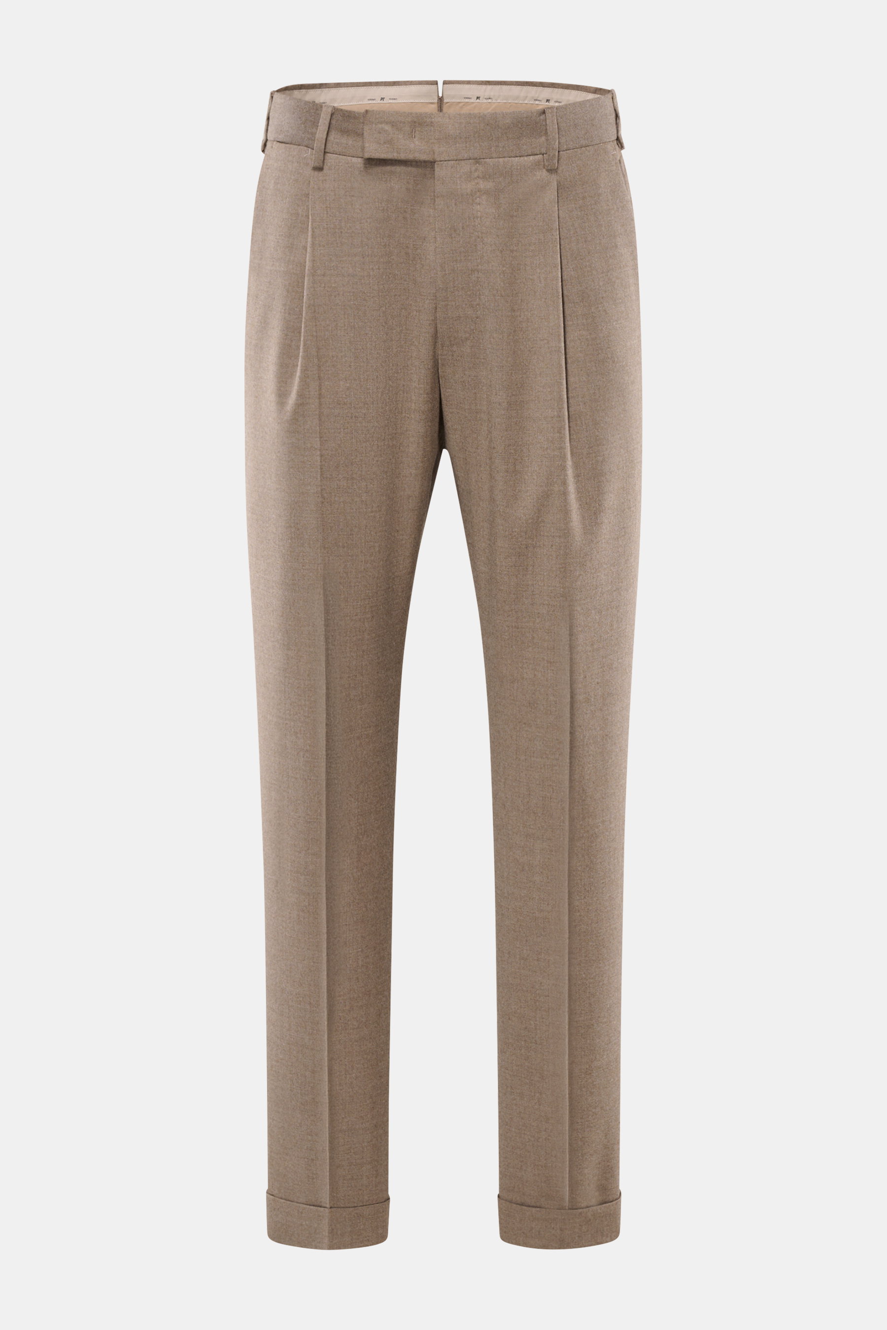 PT Torino Wool Trousers 'Rebel Fit' taupe melange front view, ankle-length with single pleat, zipper, waistband hook, French pockets, and fixed hem cuff. Comfort meets stylish casualness: stretch virgin wool, soft touch, regular thigh, tapering bottom, ba