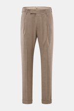 PT Torino Wool Trousers 'Rebel Fit' taupe melange front view, ankle-length with single pleat, zipper, waistband hook, French pockets, and fixed hem cuff. Comfort meets stylish casualness: stretch virgin wool, soft touch, regular thigh, tapering bottom, ba