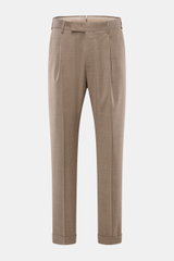 PT Torino Wool Trousers 'Rebel Fit' taupe melange front view, ankle-length with single pleat, zipper, waistband hook, French pockets, and fixed hem cuff. Comfort meets stylish casualness: stretch virgin wool, soft touch, regular thigh, tapering bottom, ba
