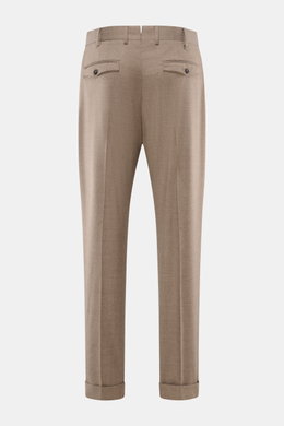 Back view of PT Torino Wool Trousers 'Rebel Fit' taupe melange, photographed from behind, showing slightly elastic virgin wool fabric, soft touch, Rebel Fit tapered cut with regular thigh width, ankle-length narrowing bottoms with fixed hem cuffs, single 