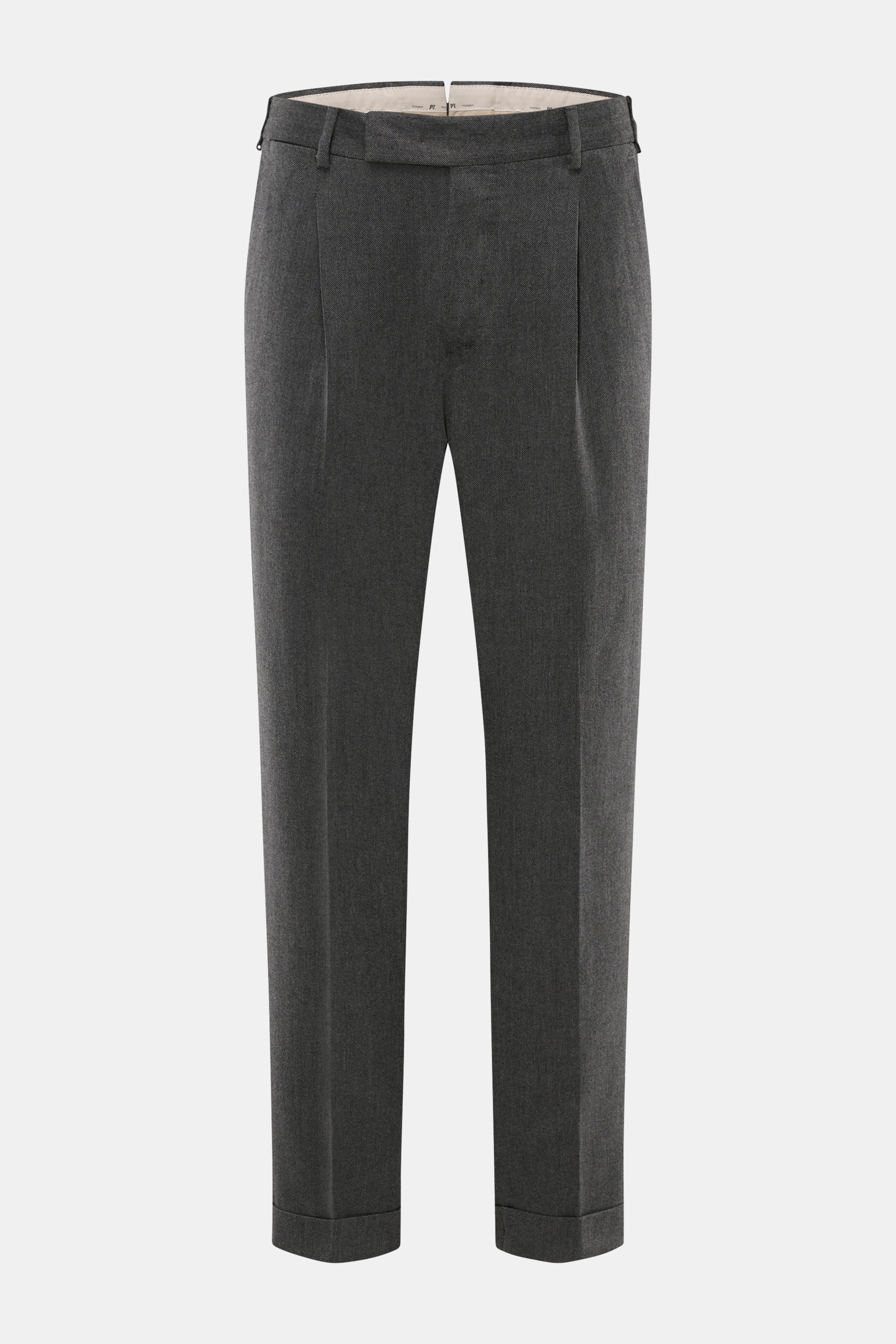 PT Torino Hose 'Rebel Fit' dunkelgrau gemustert, Tapered Fit, Fischgrat, knöchellang, mit Bundhaken, Reißverschluss, fixiertem Saumaufschlag, frontal fotografiert.