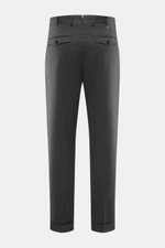 PT Torino Pants 'Rebel Fit' dark grey patterned shown from back, ankle-length tapered fit with fine herringbone, cotton-wool blend, zipper, hook, French pockets, front pleat, flap button back pockets, metal initial, fixed hem cuff. With PT TORINO, you are